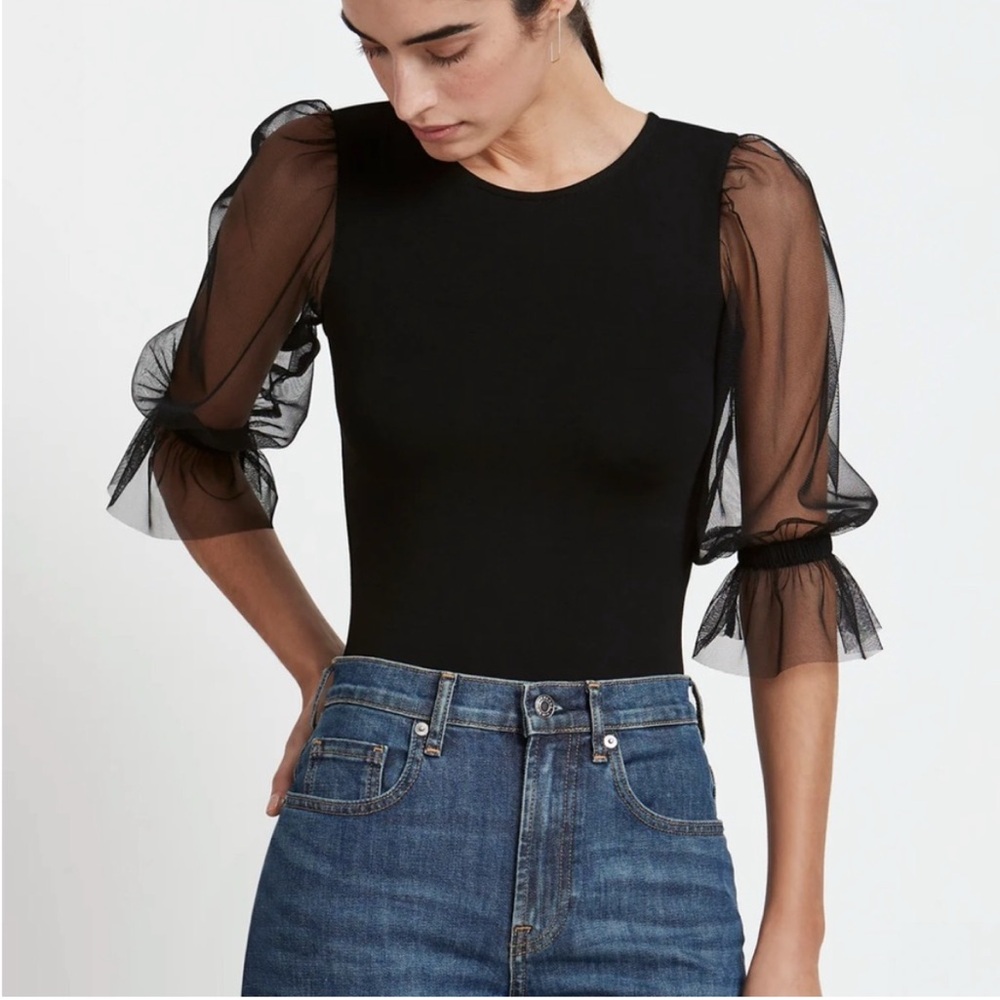 Sheer Puff Sleeve Black Bodysuit